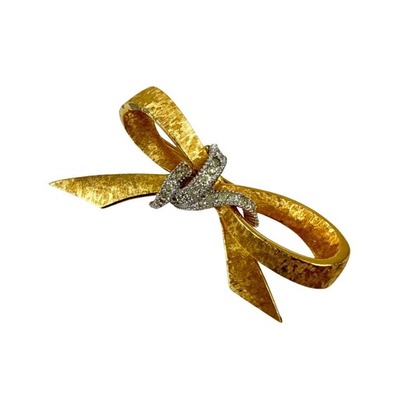 Vintage Gold Bow Brooch with Rhinestones Textured Metal Ribbon Pin - Picture 5 of 10